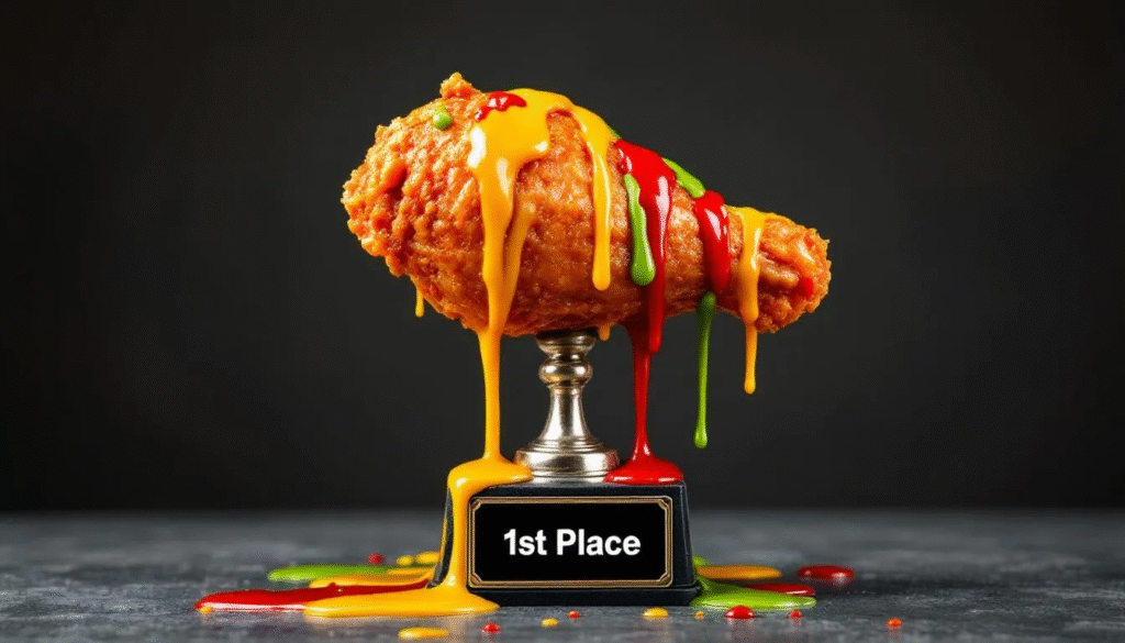 A shiny first place trophy features a large chicken wing on top, with various wing sauces—spicy, tangy, and sweet—dripping down the sides, symbolizing the fun and flavor of the best wings in St. Petersburg. The trophy represents a celebration of delicious fried chicken wings, enticing those who enjoy a range of heat from mild to hot.