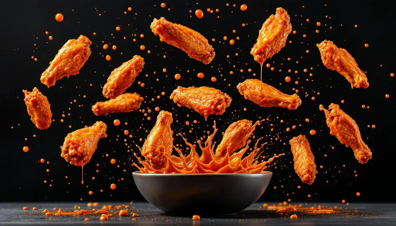 In this dynamic image, 12 chicken wings are mid-air, being tossed in a perfect blend of tangy buffalo and sweet BBQ sauce, creating a fun and flavorful spectacle. Below, a bowl filled with sauce captures the heat and excitement, showcasing the delicious wings that are a popular choice in St. Petersburg.