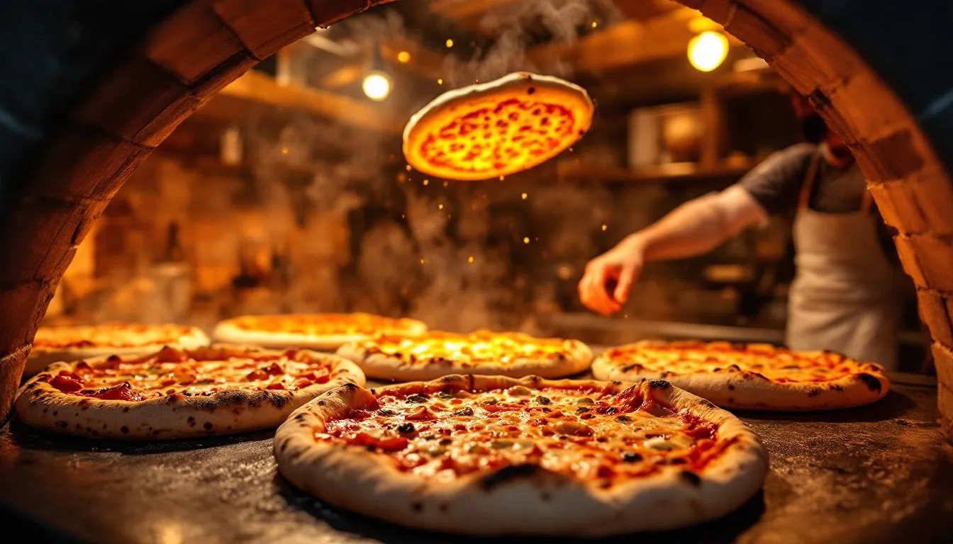 Traditional wood-fired pizzas being cooked in a wood-fired oven, a staple of authentic pizza making.