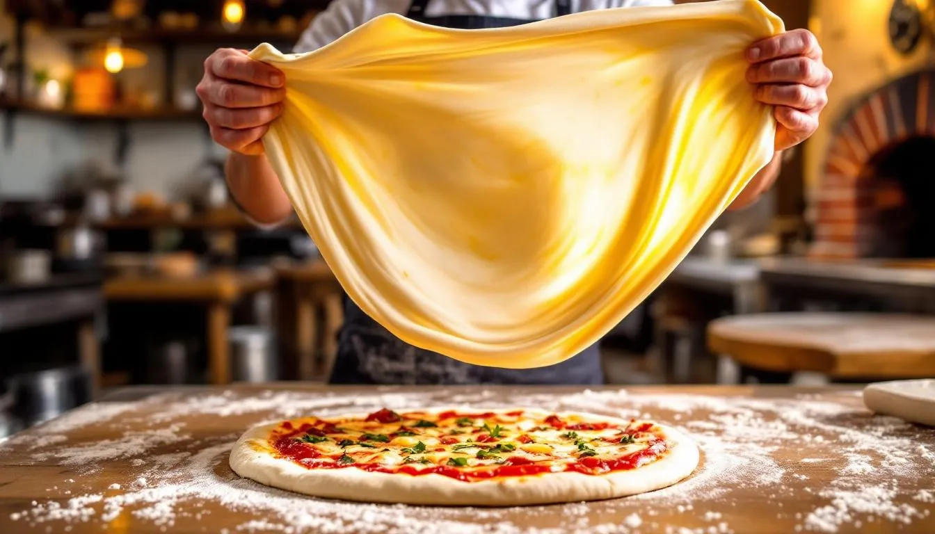 Hand-stretched Neapolitan pies being prepared at Fabrica Pizza, showcasing the art of pizza making.